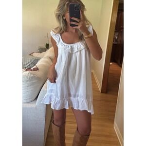 Hyfve White Cotton Lace Trim Ruffle Babydoll Mini Dress Small